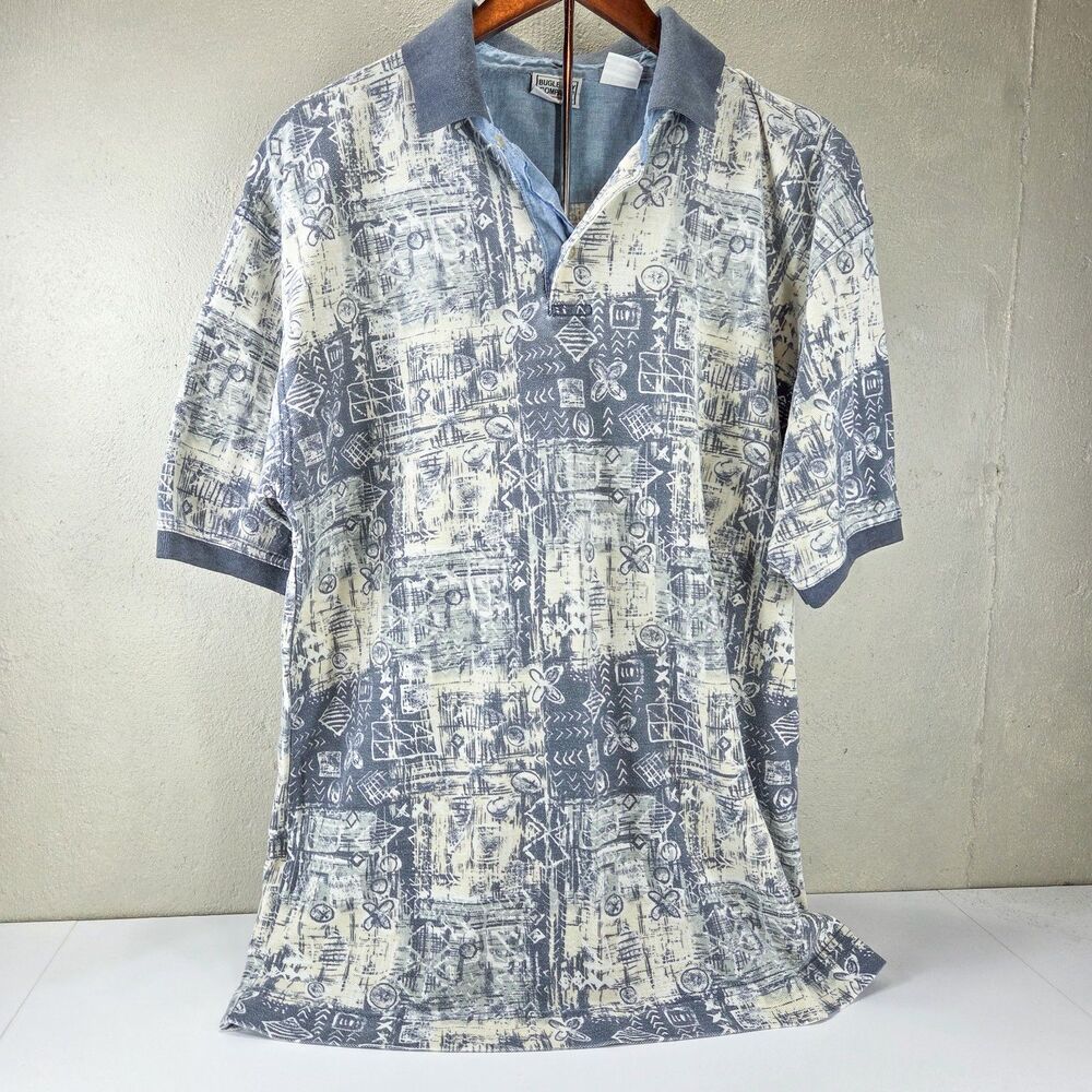 Vintage Bugle Boy Company Abstract Print Polo Shirt Blue White Sz Large